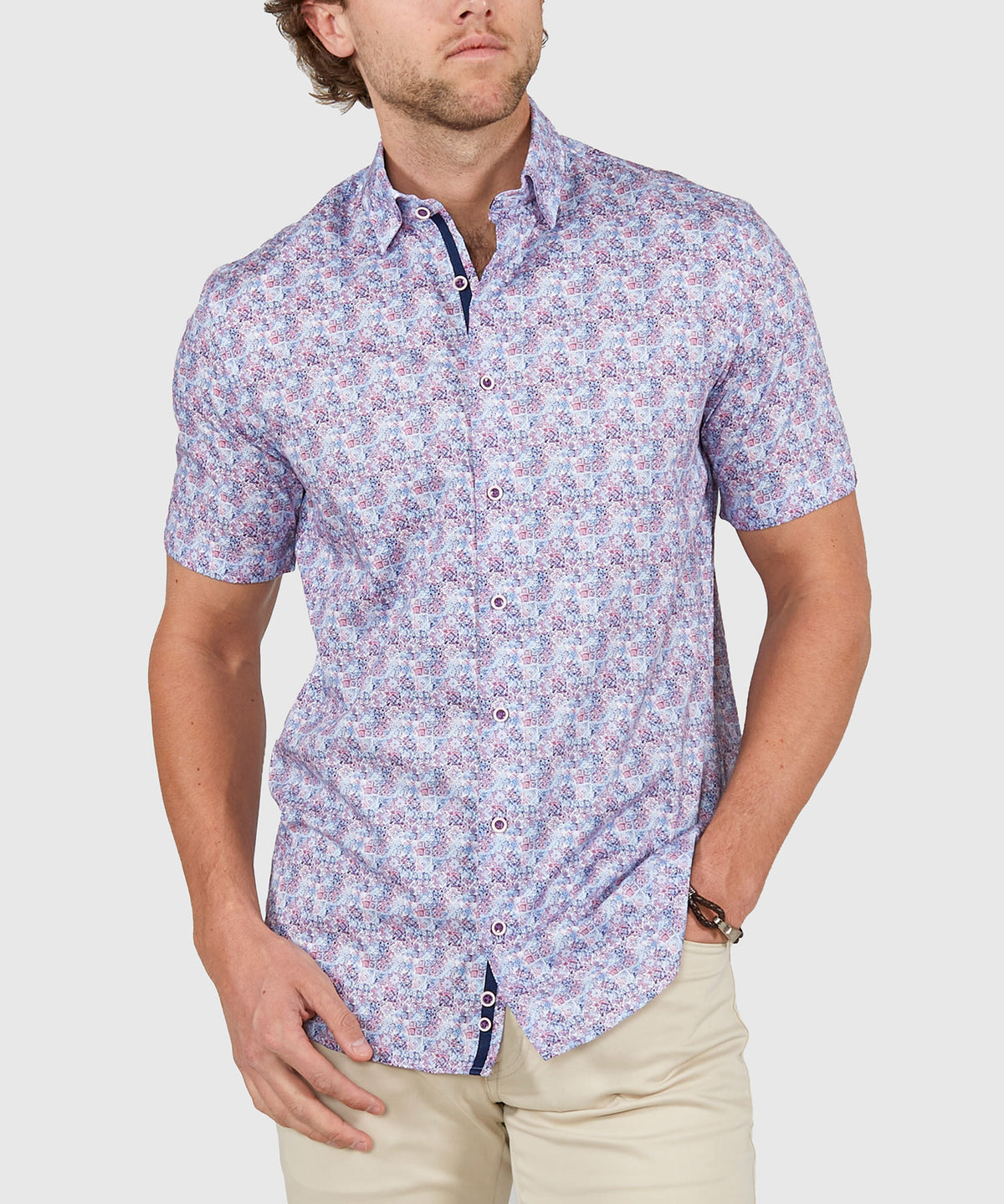 Westport Black Short Sleeve Semi Spread Button Under Collar Print Sport Shirt, Men's Big & Tall