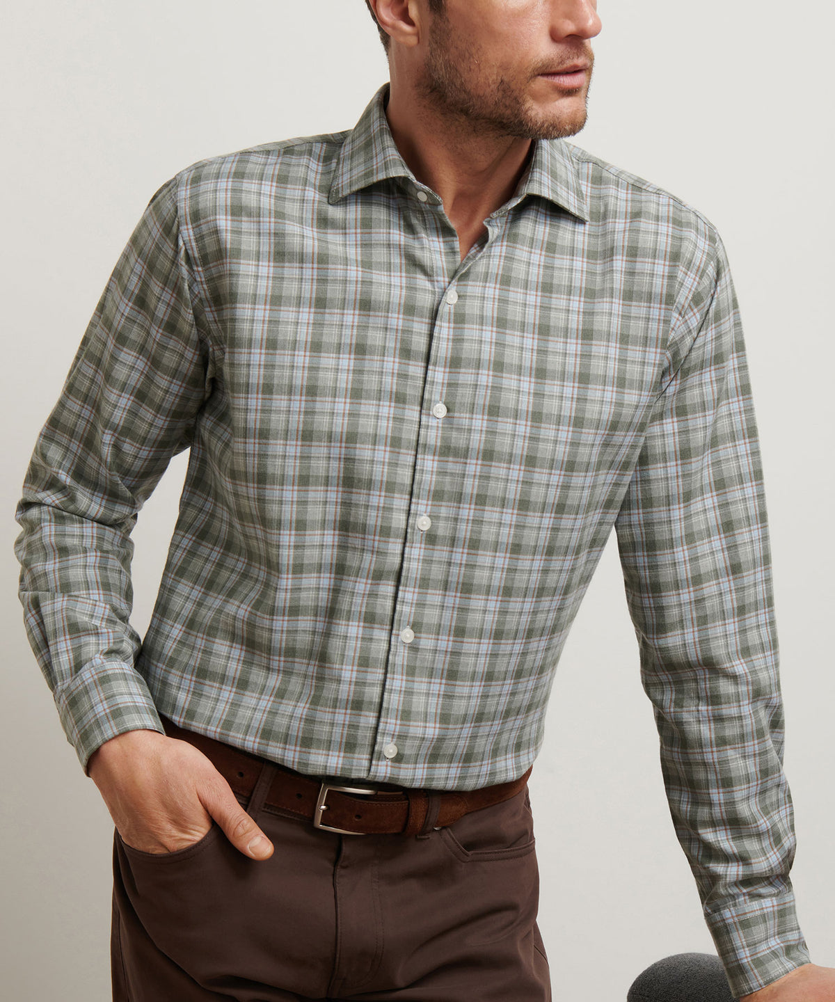 Peter Millar Long Sleeve Spread Collar Performance Flannel White Cap Sport Shirt, Men's Big & Tall