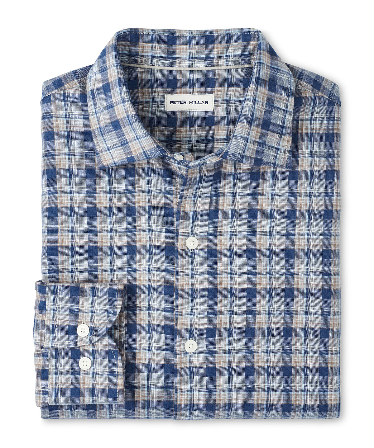 Peter Millar Long Sleeve Spread Collar Performance Flannel White Cap Sport Shirt, Men's Big & Tall