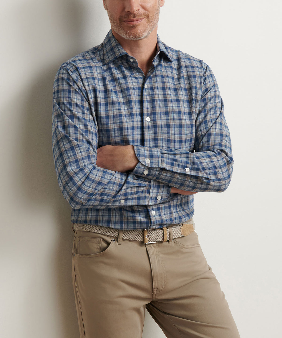 Peter Millar Long Sleeve Spread Collar Performance Flannel White Cap Sport Shirt, Men's Big & Tall