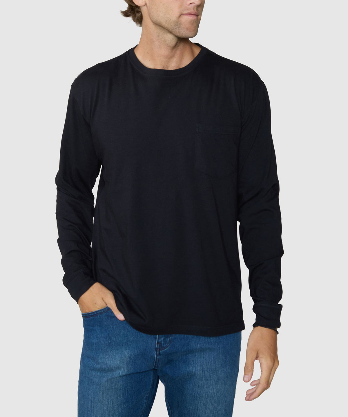 Westport Lifestyle Long Sleeve Ocean Washed Crew Neck Pocket T-Shirt - Black, Men's Big & Tall