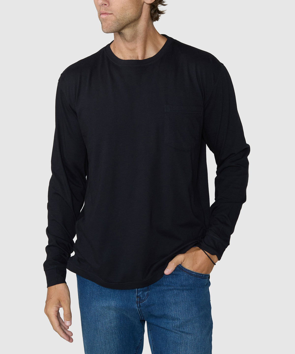 Westport Lifestyle Long Sleeve Ocean Washed Crew Neck Pocket T-Shirt - Black, Men's Big & Tall