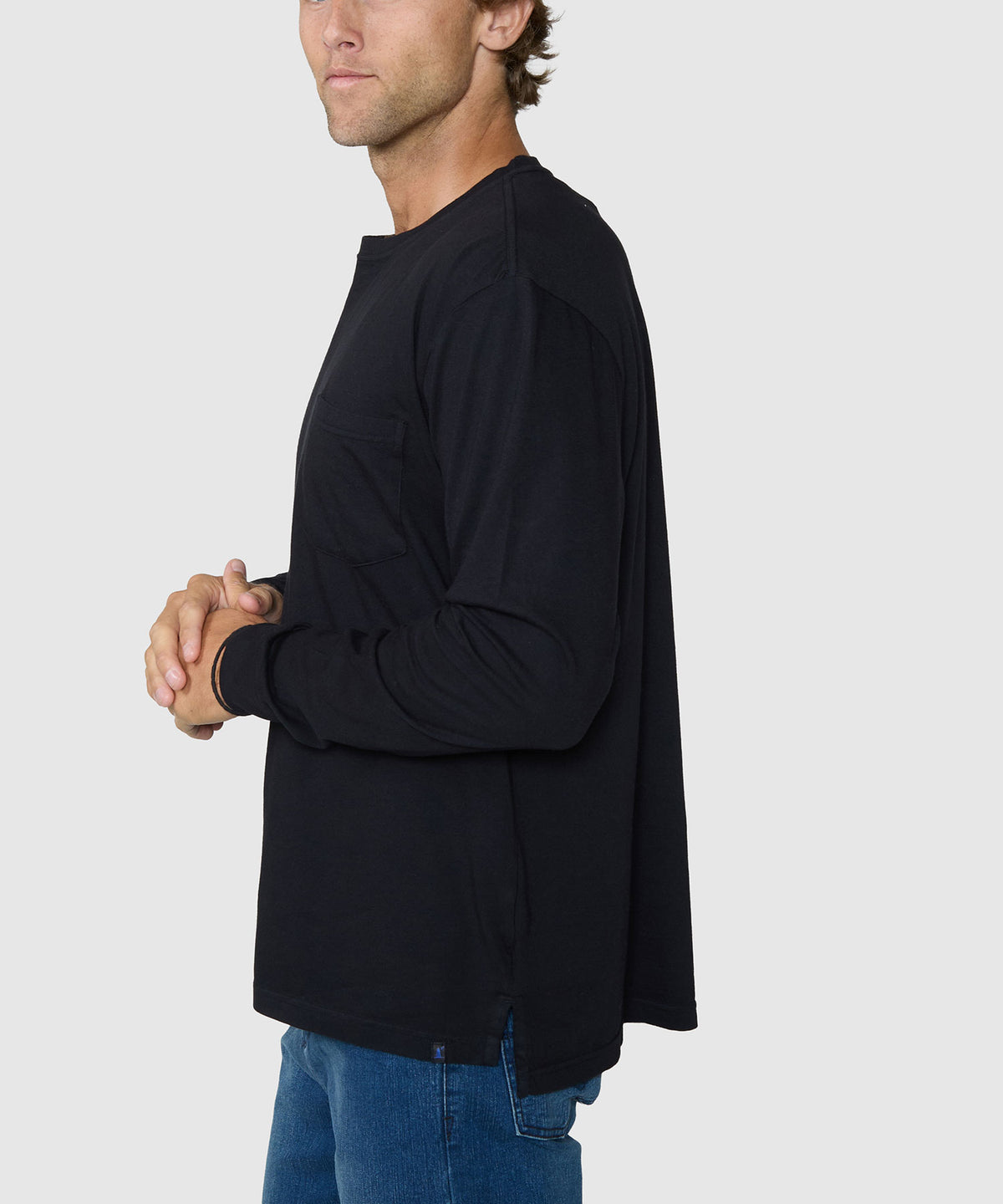 Westport Lifestyle Long Sleeve Ocean Washed Crew Neck Pocket T-Shirt - Black, Men's Big & Tall