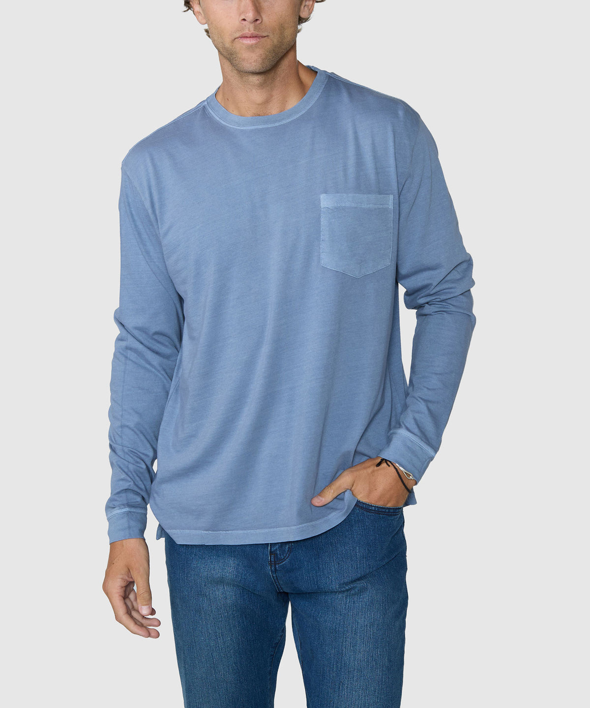 Westport Lifestyle Long Sleeve Ocean Washed Crew Neck Pocket T-Shirt - Lake, Men's Big & Tall