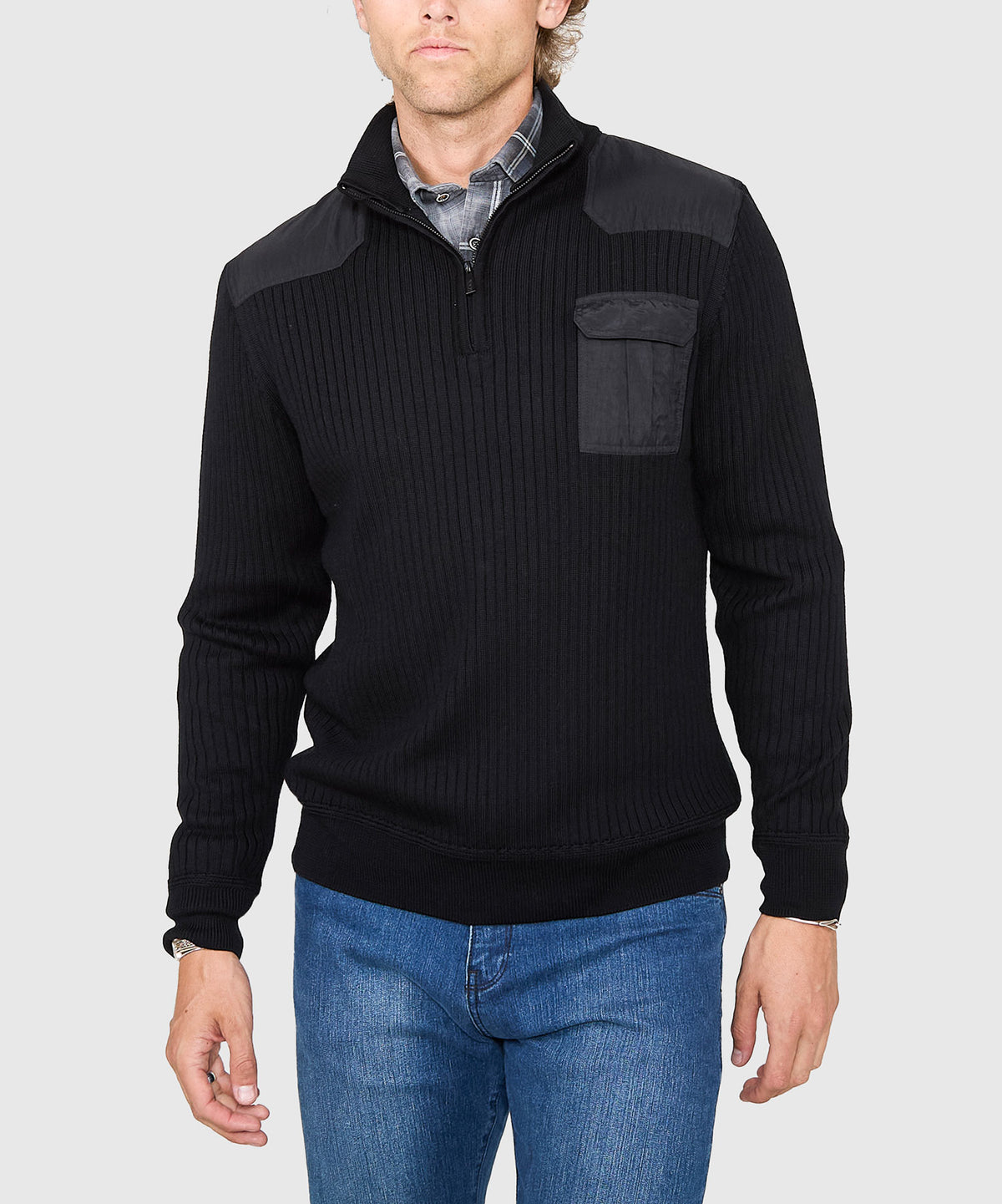 Westport Black Ribbed Military Half Zip Pullover, Men's Big & Tall