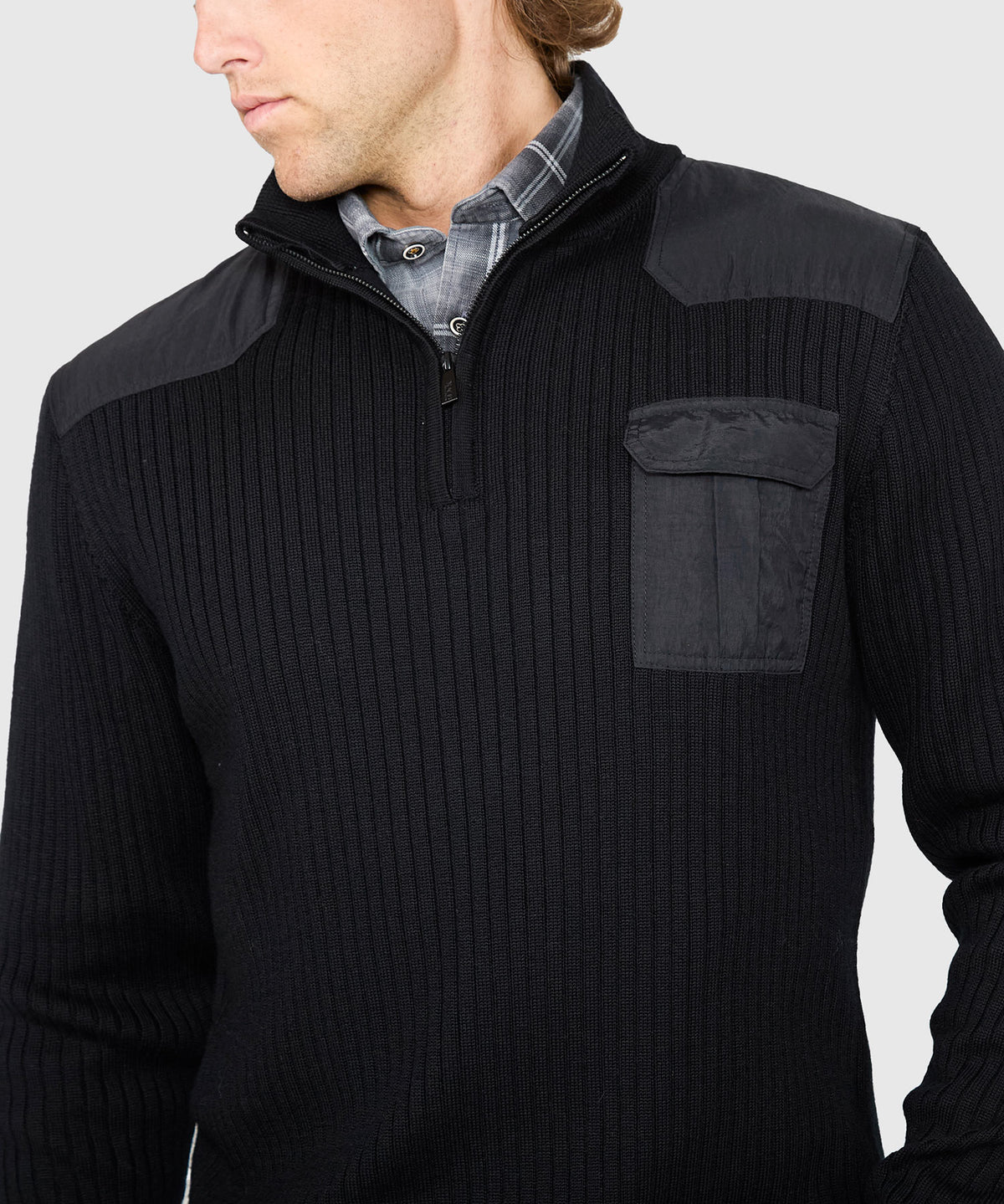 Westport Black Ribbed Military Half Zip Pullover, Men's Big & Tall