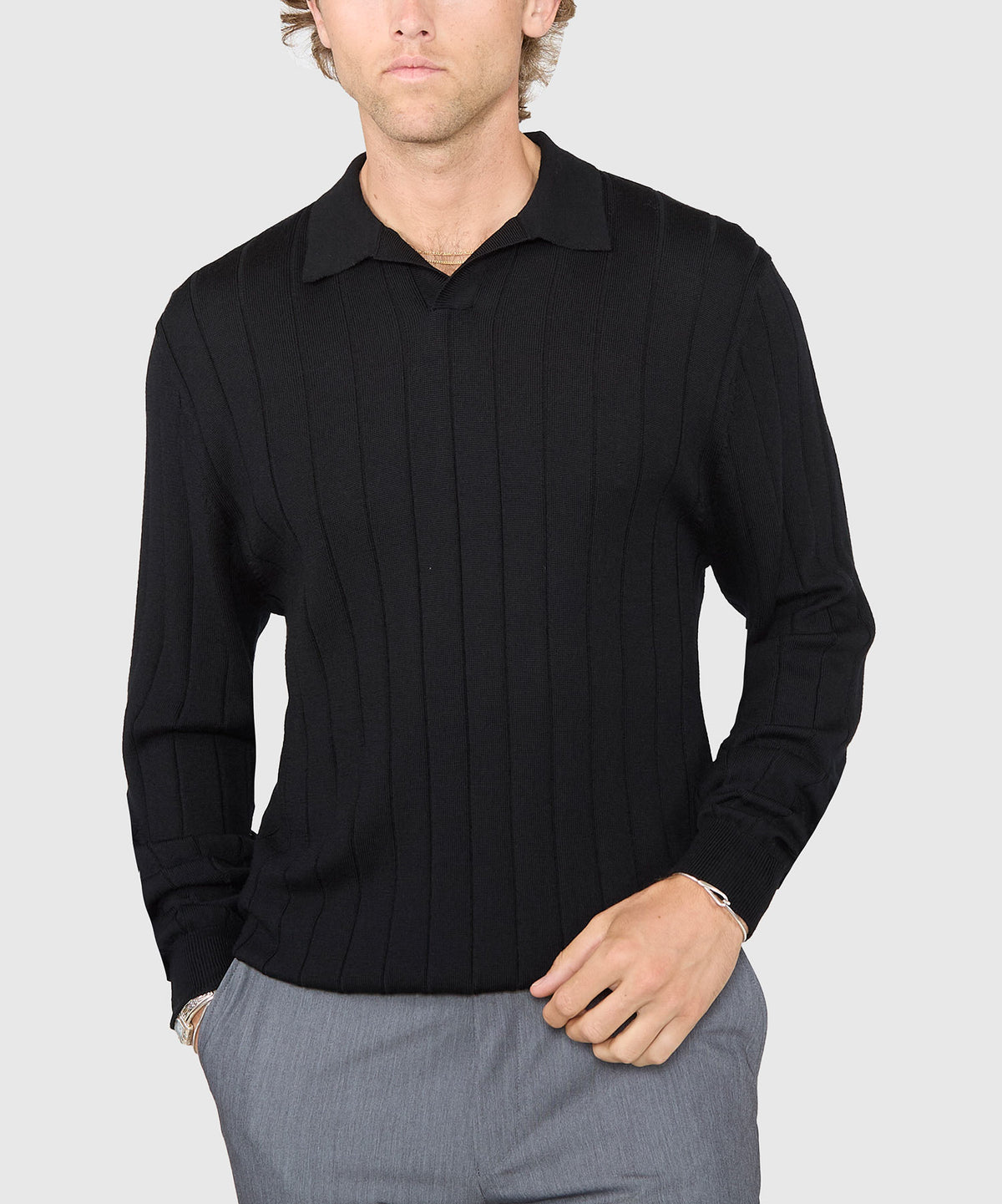 Westport Black Long Sleeve Palermo Merino Johnny Collar Polo, Men's Big & Tall
