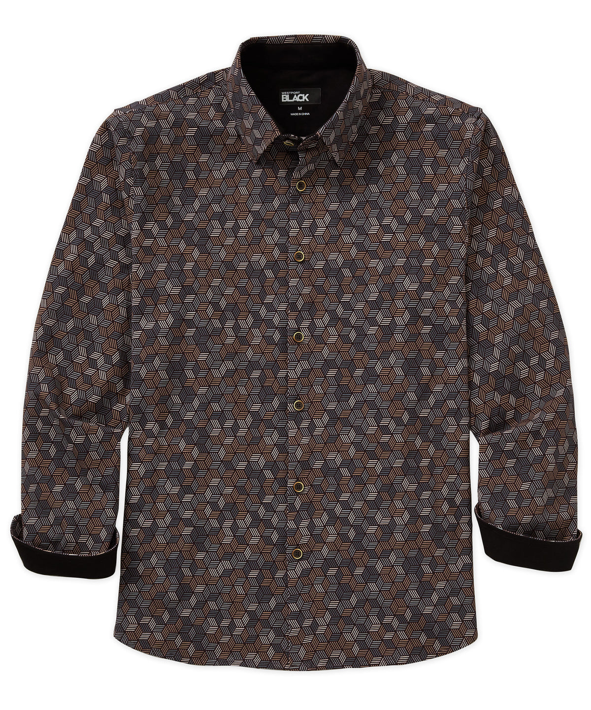 Westport Black Long Sleeve Hidden Button Down Collar Hex Print Knit Sport Shirt, Men's Big & Tall