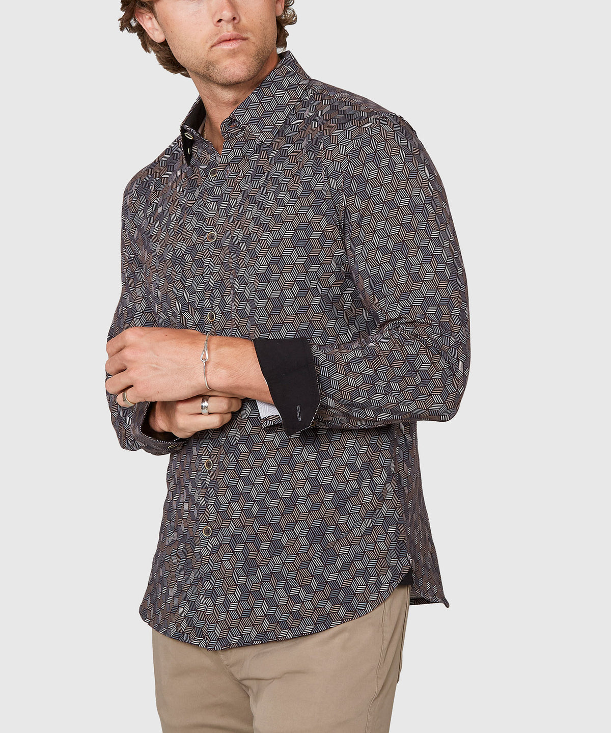 Westport Black Long Sleeve Hidden Button Down Collar Hex Print Knit Sport Shirt, Men's Big & Tall