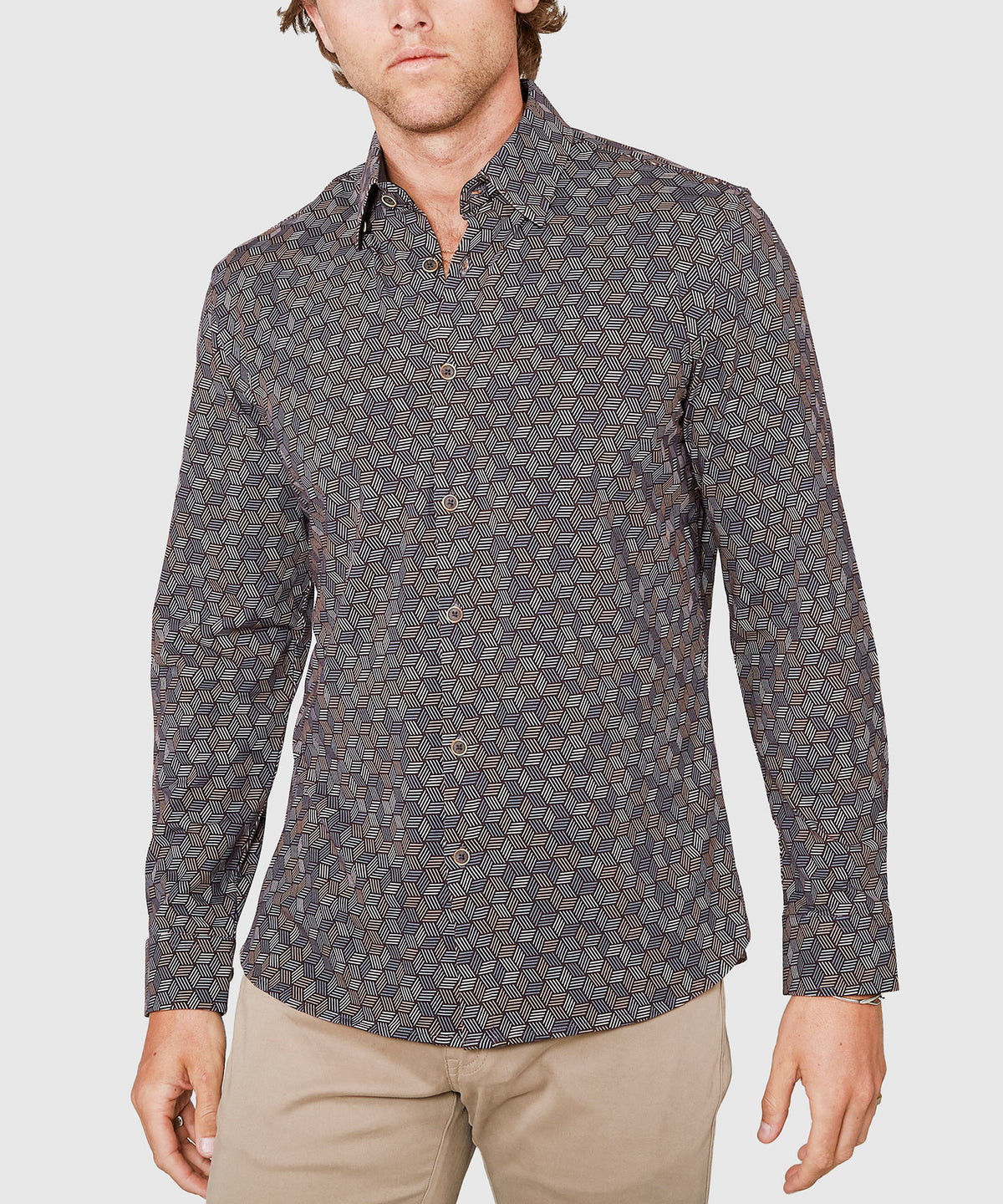 Westport Black Long Sleeve Hidden Button Down Collar Hex Print Knit Sport Shirt, Men's Big & Tall