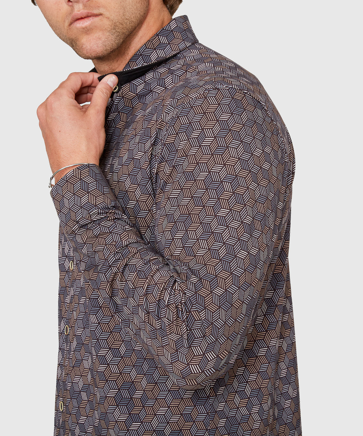 Westport Black Long Sleeve Hidden Button Down Collar Hex Print Knit Sport Shirt, Men's Big & Tall