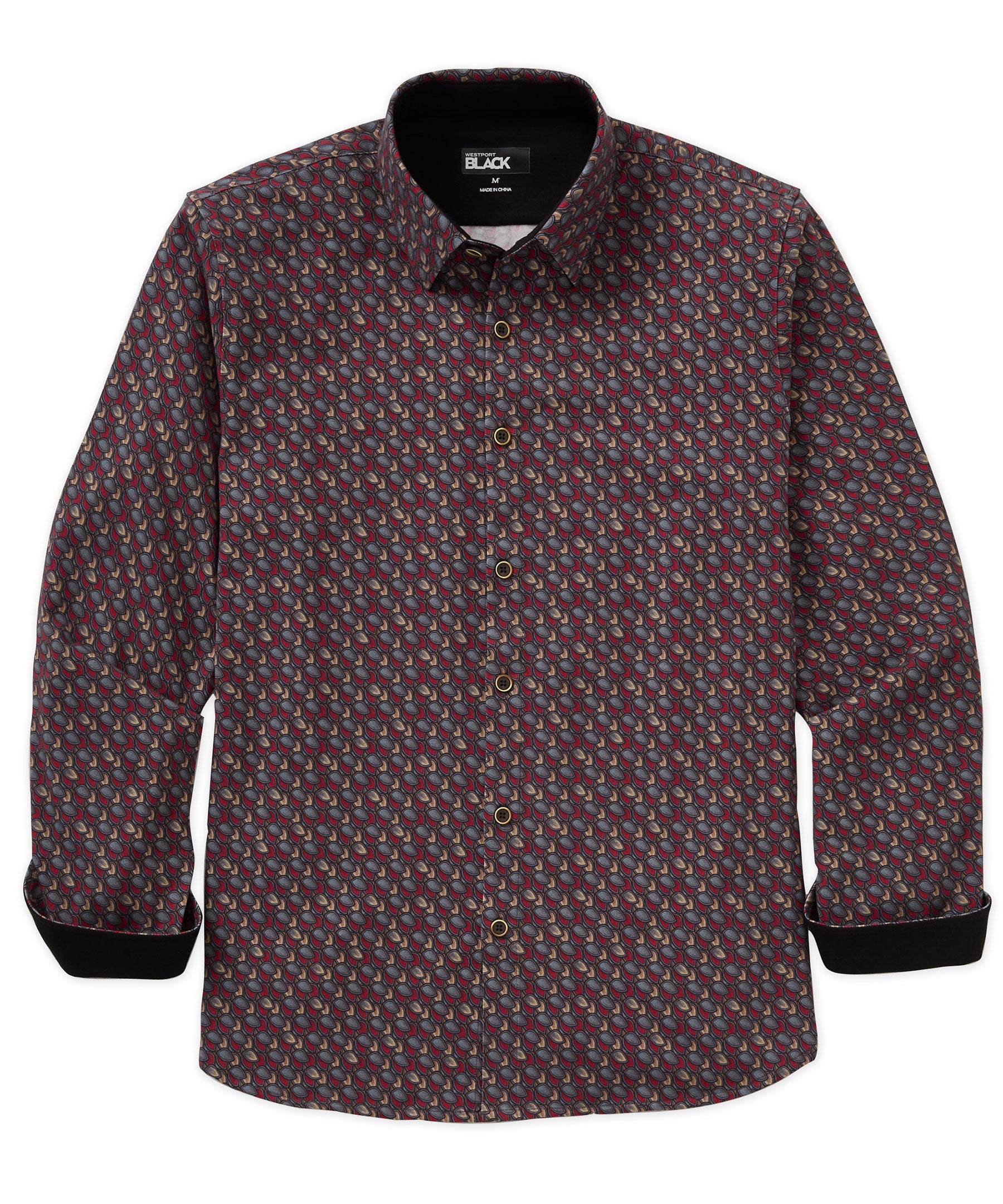 Westport Black Long Sleeve Hidden Button Down Collar Petal Print Knit Sport Shirt