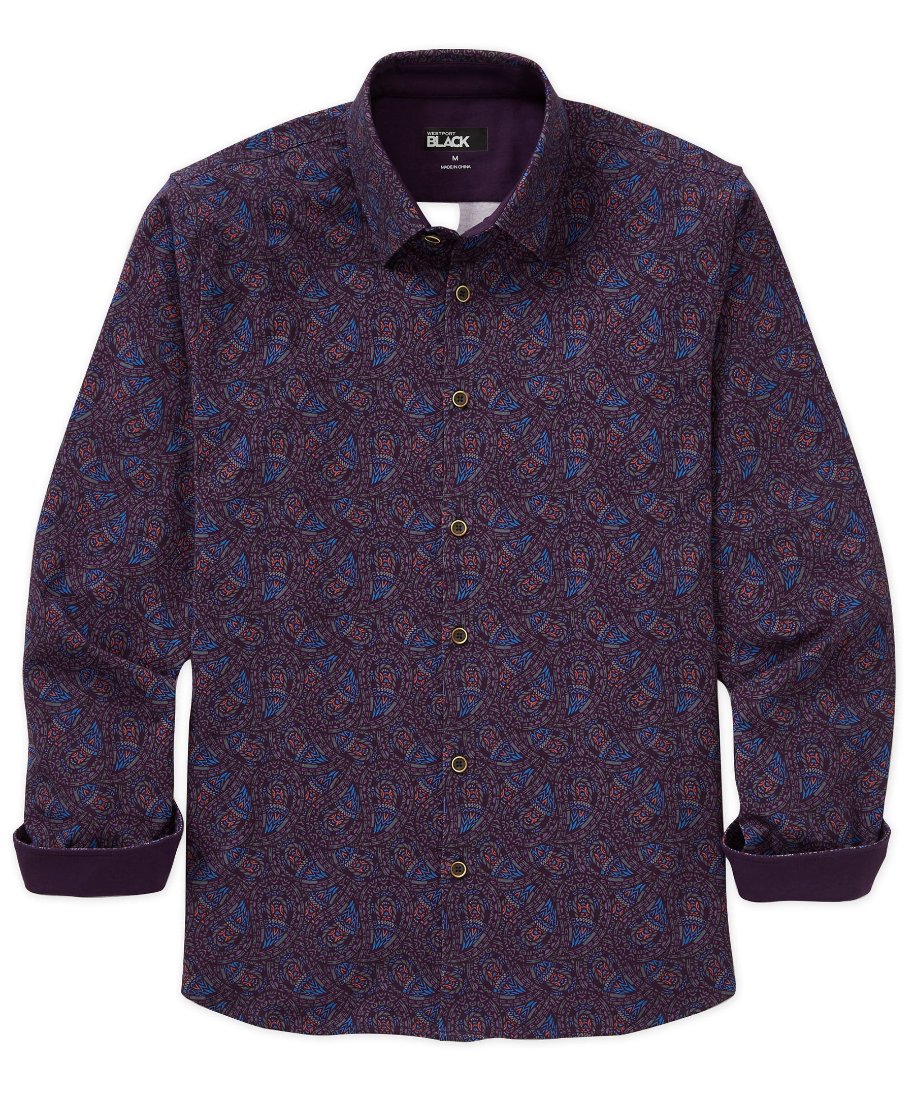 Westport Black Long Sleeve Hidden Button Down Collar Paisley Print Knit Sport Shirt