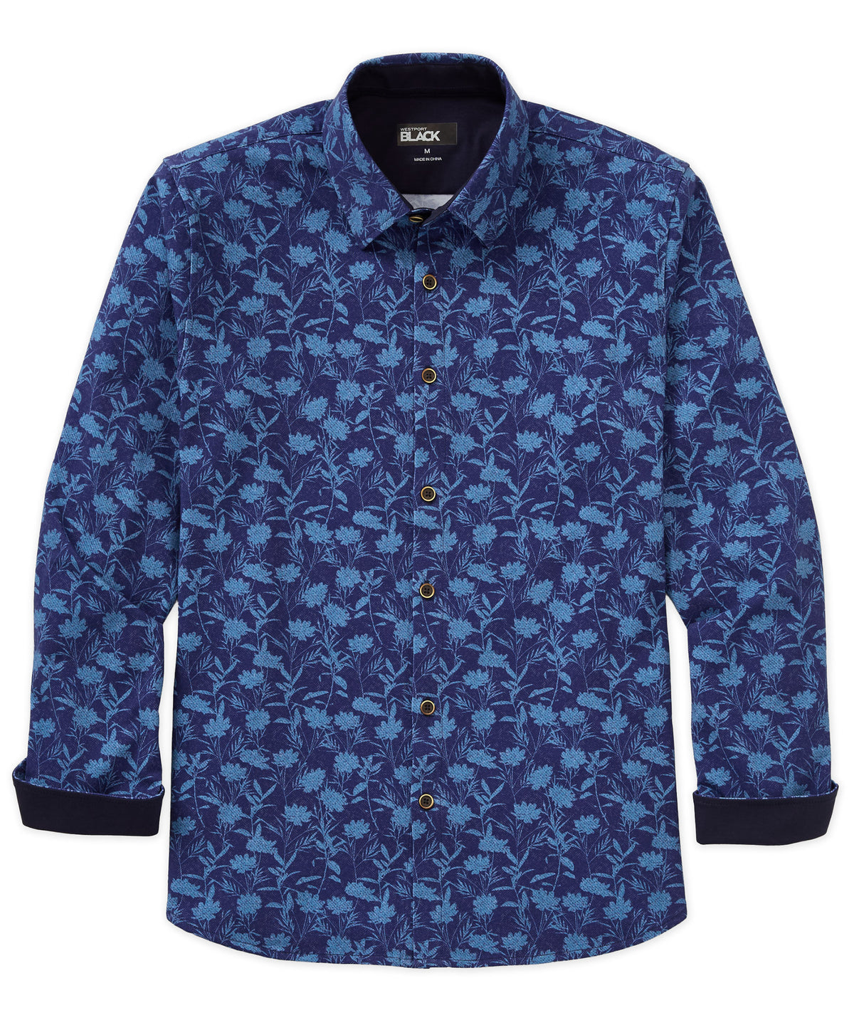 Westport Black Long Sleeve Hidden Button Down Aster Print Knit Sport Shirt, Men's Big & Tall