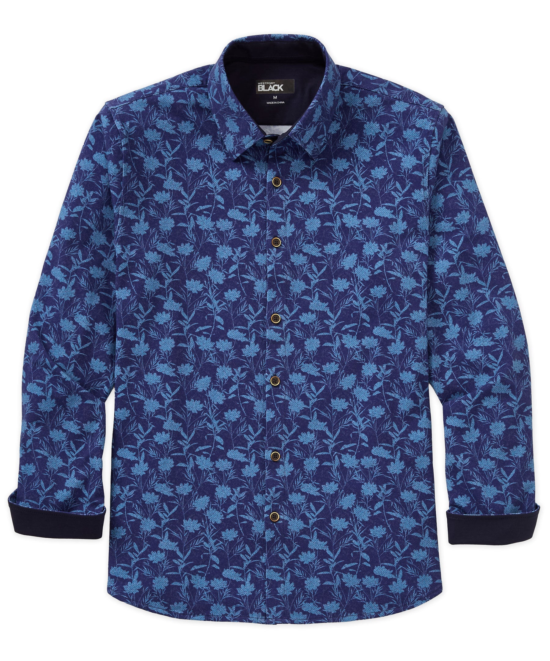 Westport Black Long Sleeve Hidden Button Down Aster Print Knit Sport Shirt