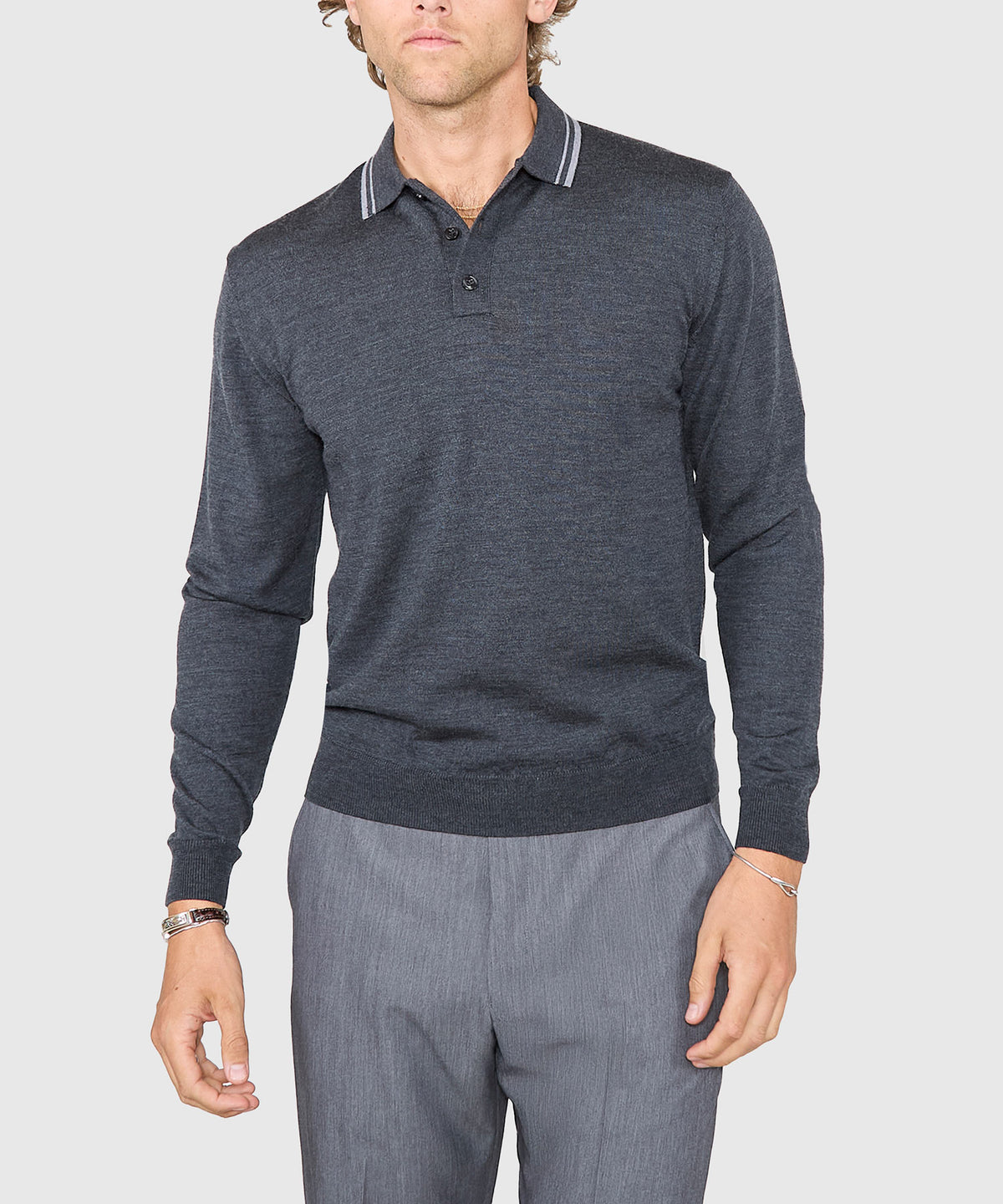 Westport Black Long Sleeve Retro Tipped Merino Polo, Men's Big & Tall