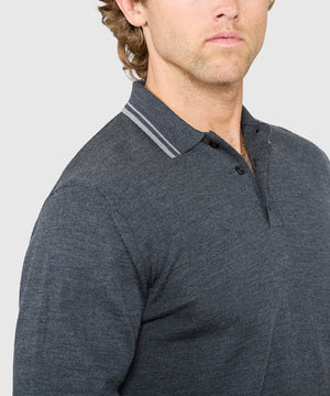 Westport Black Long Sleeve Retro Tipped Merino Polo