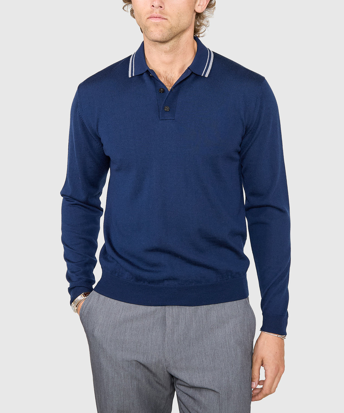 Westport Black Long Sleeve Retro Tipped Merino Polo, Men's Big & Tall