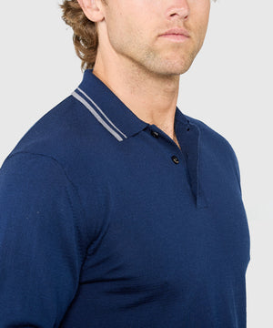 Westport Black Long Sleeve Retro Tipped Merino Polo