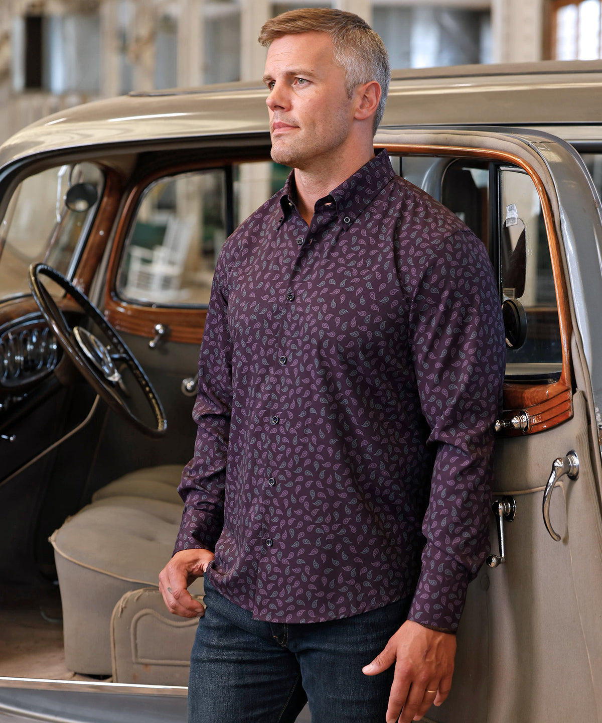 Westport No-Tuck Long Sleeve Button Down Collar Paisley Print Stretch Performance Sport Shirt, Men's Big & Tall