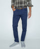 Dark blue stretch denim jeans, straight leg cut, with belt loops and button closure.