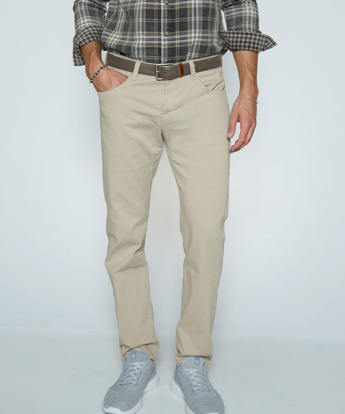 Light khaki stretch denim jeans with belt loops, button fly, and five-pocket design., Westport Black Men's Big & Tall