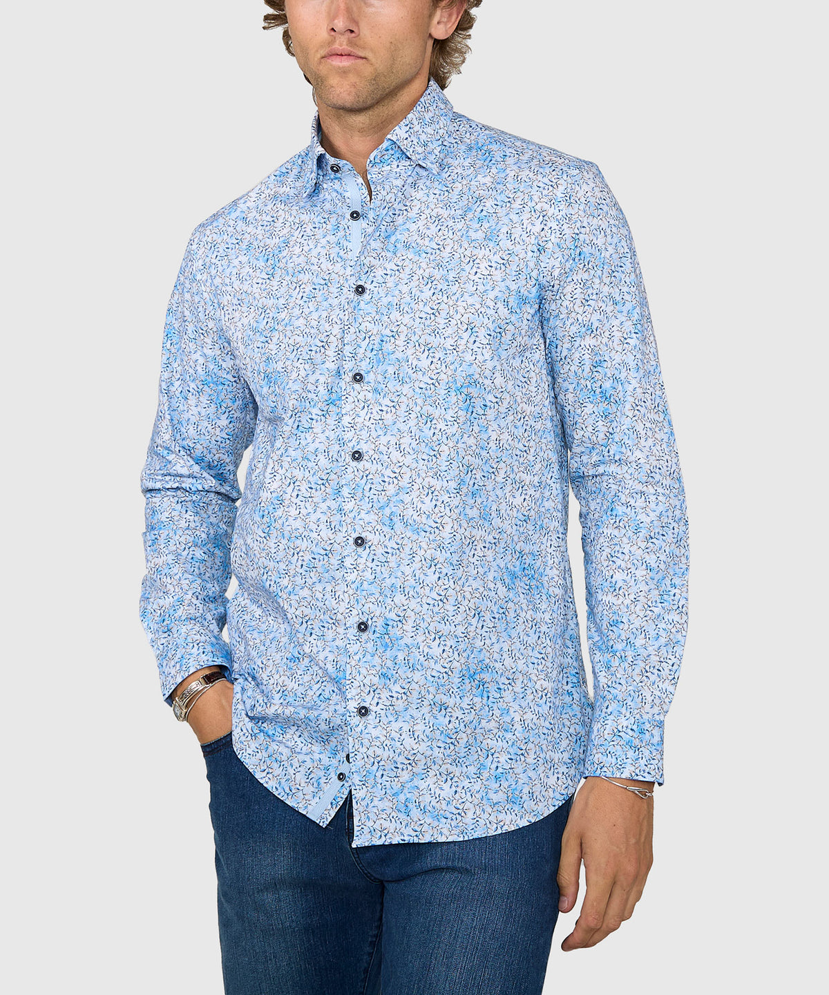 Westport Black Long Sleeve Hidden Button Down Collar Printed Sport Shirt, Men's Big & Tall