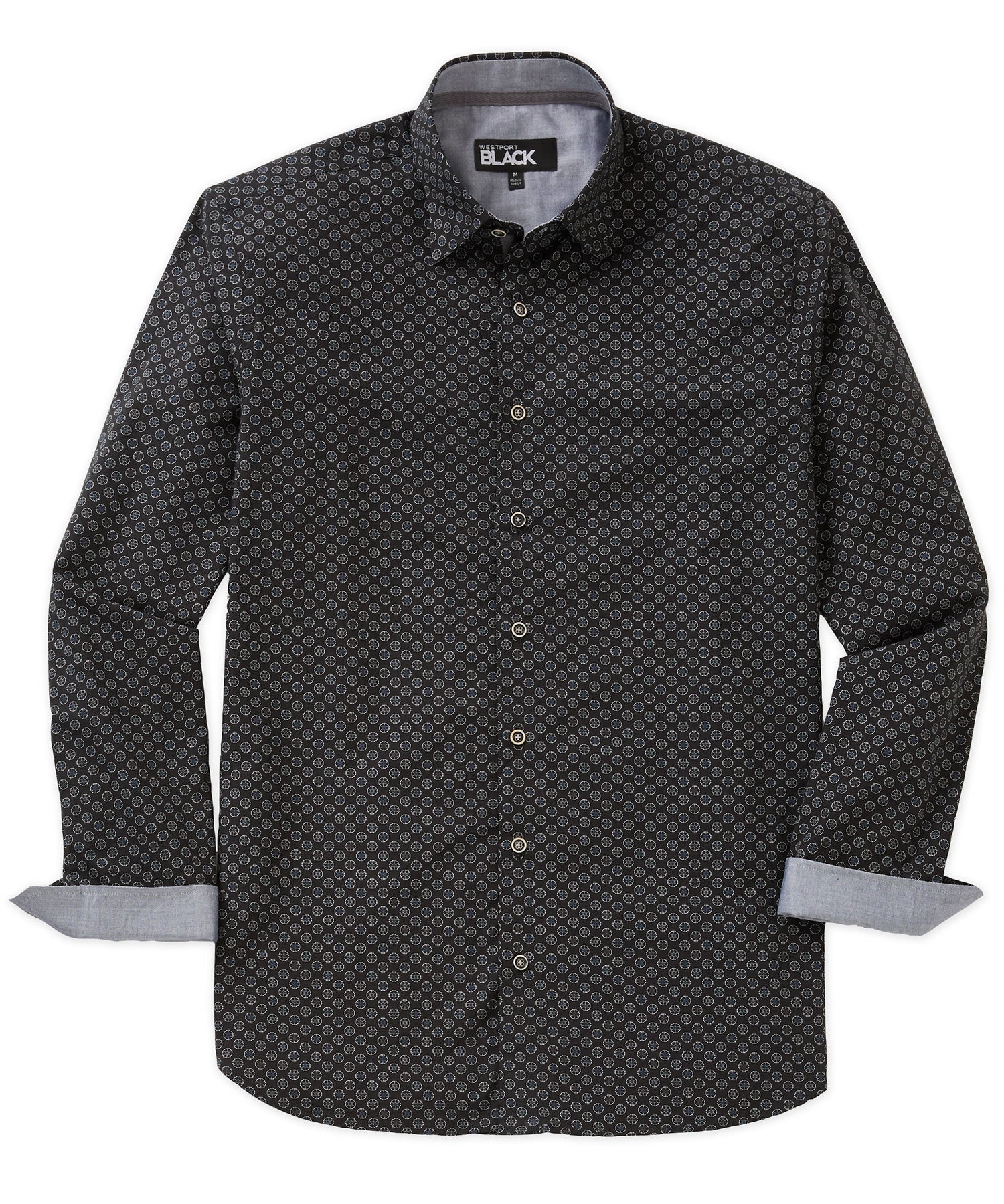 Westport Black Long Sleeve Hidden Button Down Collar Printed Sport Shirt