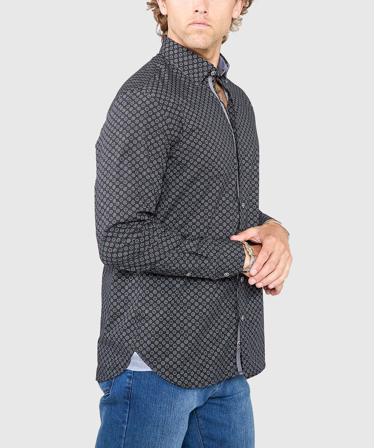 Westport Black Long Sleeve Hidden Button Down Collar Printed Sport Shirt, Men's Big & Tall