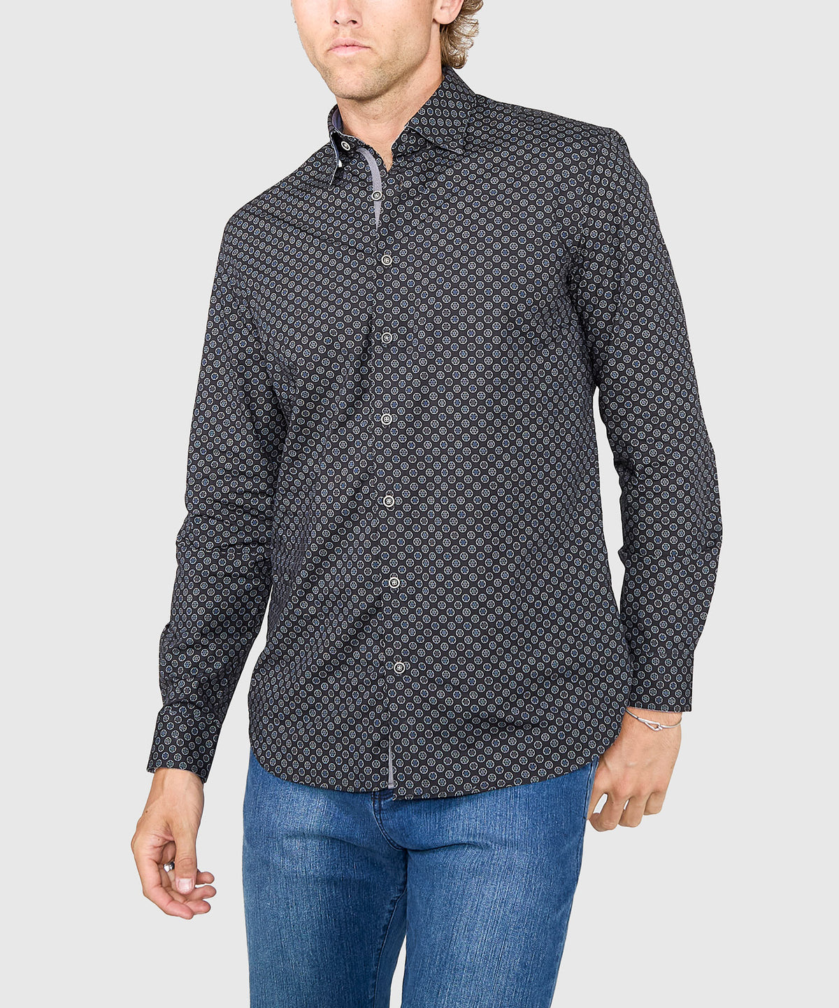 Westport Black Long Sleeve Hidden Button Down Collar Printed Sport Shirt, Men's Big & Tall