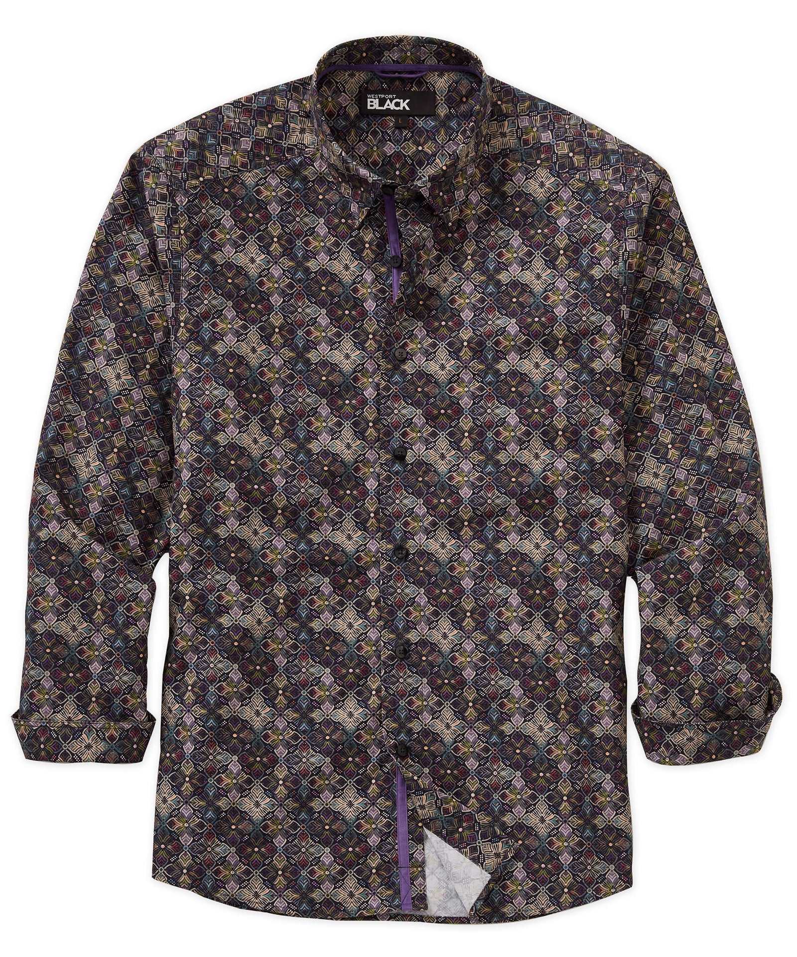 Westport Black Long Sleeve Medallion Print Sport Shirt, Men's Big & Tall
