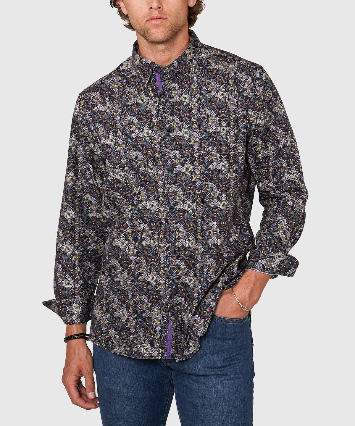Westport Black Long Sleeve Medallion Print Sport Shirt, Men's Big & Tall