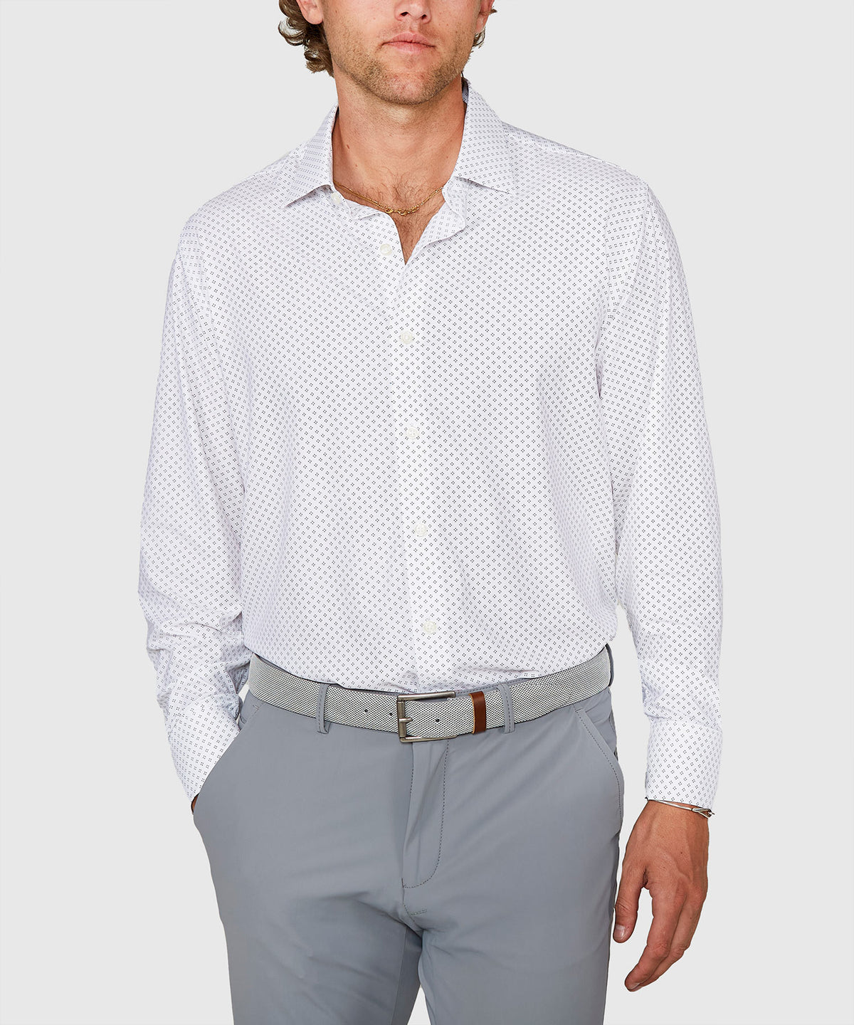 Westport Black Long Sleeve Spread Collar Performance Diamond Dot Print Sport Shirt, Men's Big & Tall