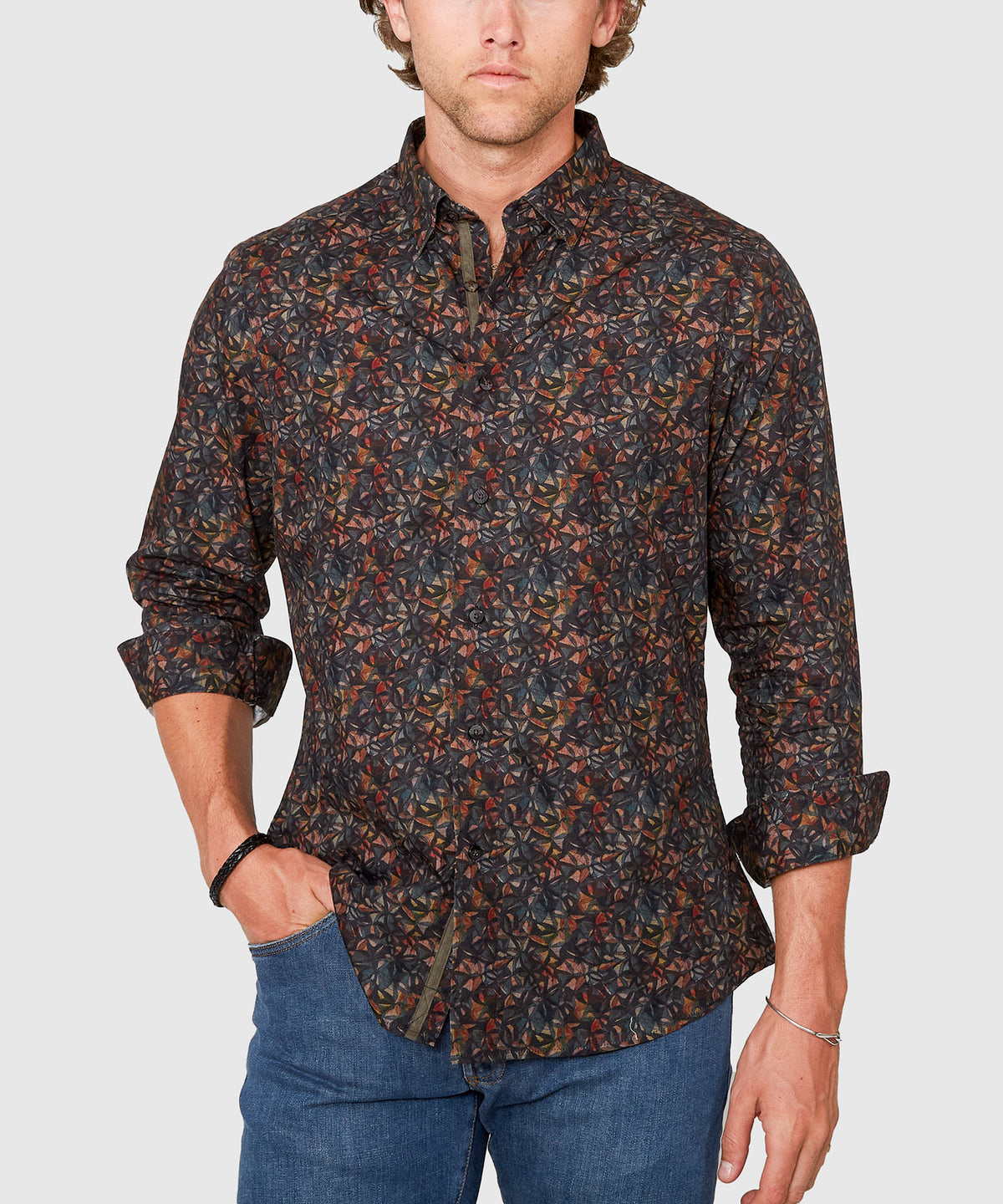 Westport Black Long Sleeve Stained Glass Print Sport Shirt, Men's Big & Tall