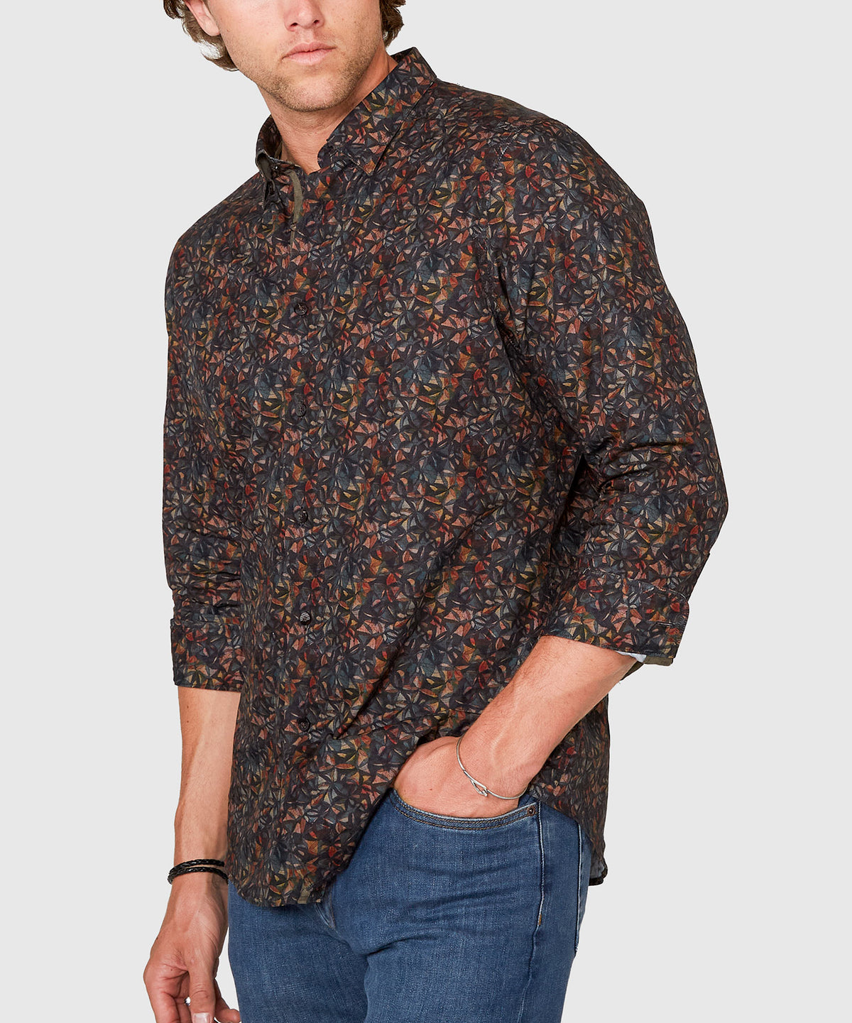 Westport Black Long Sleeve Stained Glass Print Sport Shirt, Men's Big & Tall