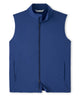 Men's blue full-zip vest with stand collar, zip front, and two side pockets