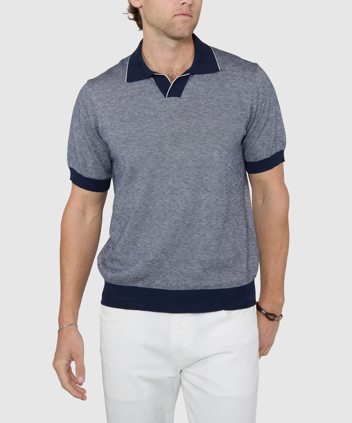 Westport Black Short Sleeve Crooner Birdseye Johnny Collar Polo, Men's Big & Tall