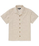 Cream short-sleeve cabana shirt, front view with collar, button placket, and woven pattern