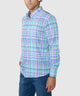 Men's plaid long-sleeve button-down shirt with blue, green, and pink grid pattern.