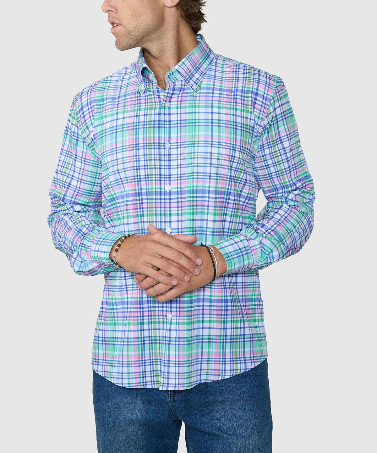 Men's plaid long-sleeve button-down shirt, blue-green-pink check pattern., Westport No-Tuck Men's Big & Tall