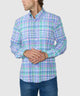 Men's plaid long-sleeve button-down shirt, blue-green-pink check pattern.