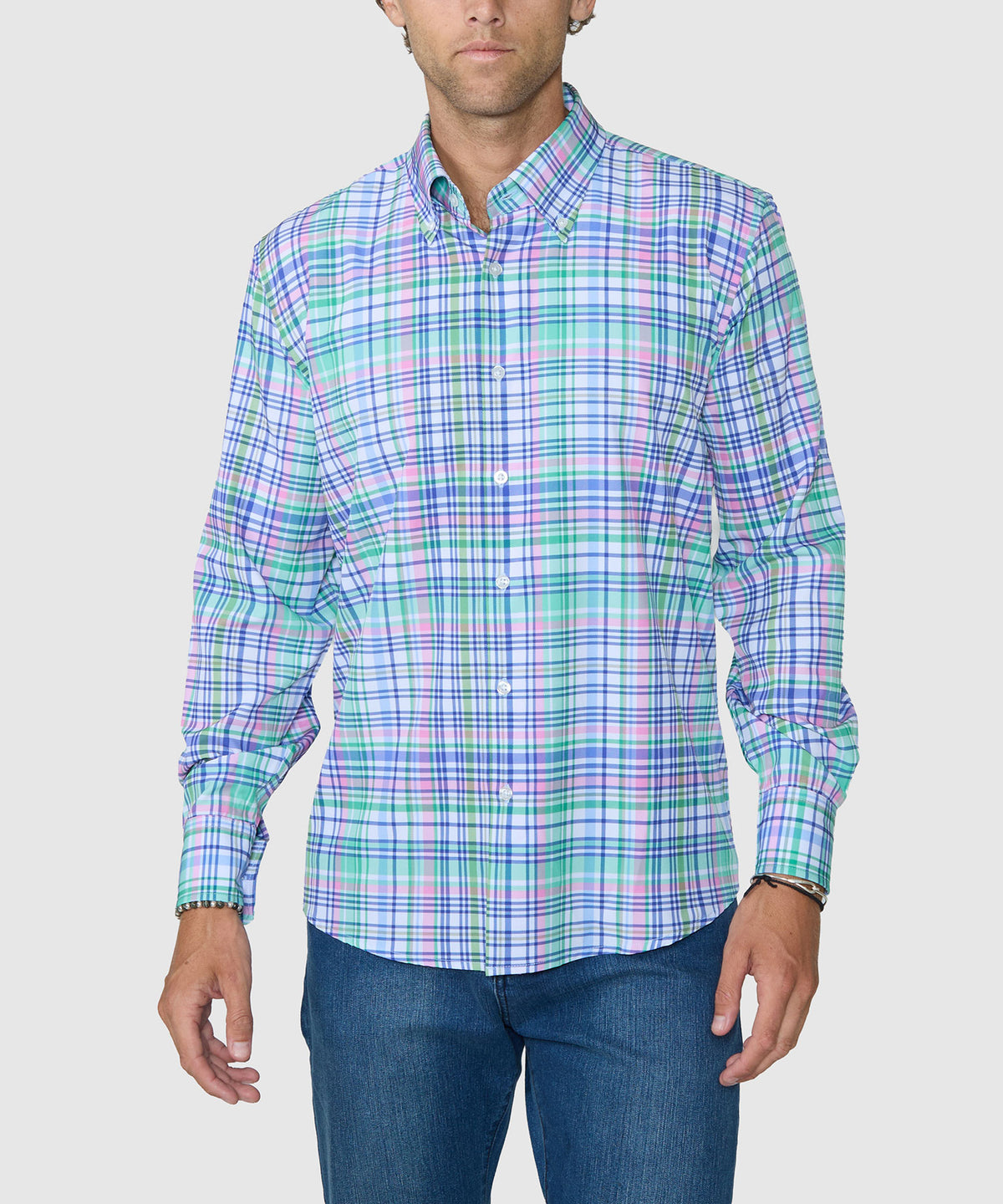 Men's plaid long-sleeve button-down sport shirt, blue-green-pink check, full front., Westport No-Tuck Men's Big & Tall
