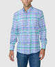 Men's plaid long-sleeve button-down sport shirt, blue-green-pink check, full front.