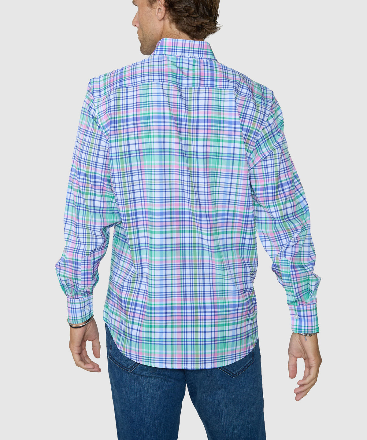 Men's plaid long-sleeve button-down shirt, blue-green-pink grid pattern, back view., Westport No-Tuck Men's Big & Tall