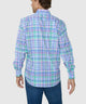 Men's plaid long-sleeve button-down shirt, blue-green-pink grid pattern, back view.
