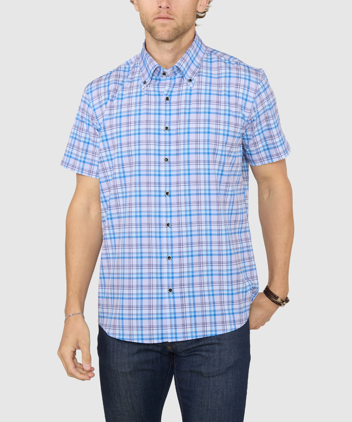 Westport No-Tuck Short Sleeve Button-Down Stretch Performance Plaid Sport Shirt, Men's Big & Tall
