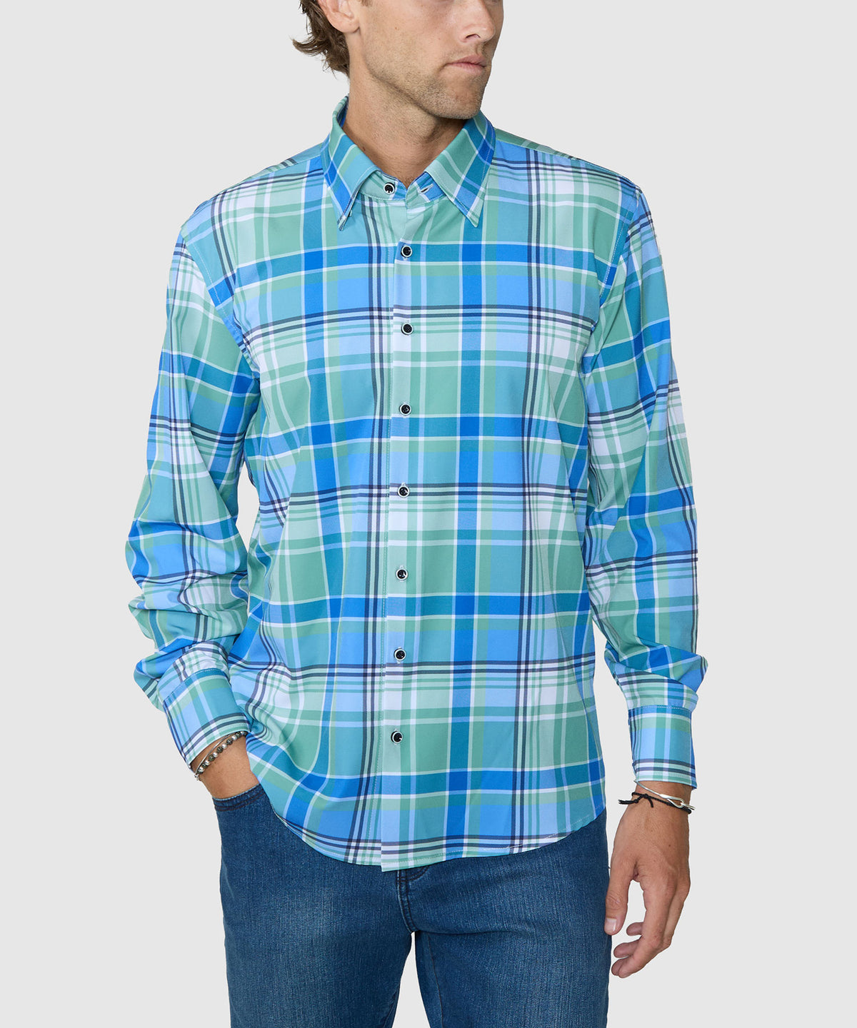 Westport No-Tuck Long Sleeve Button Under Spread Collar Stretch Performance Plaid Sport Shirt, Men's Big & Tall
