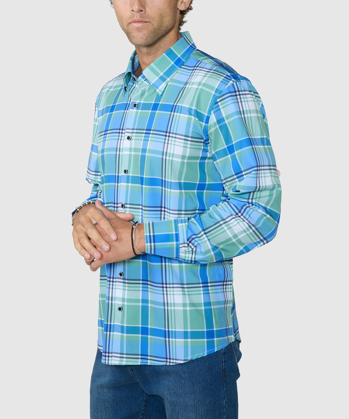 Westport No-Tuck Long Sleeve Button Under Spread Collar Stretch Performance Plaid Sport Shirt, Men's Big & Tall
