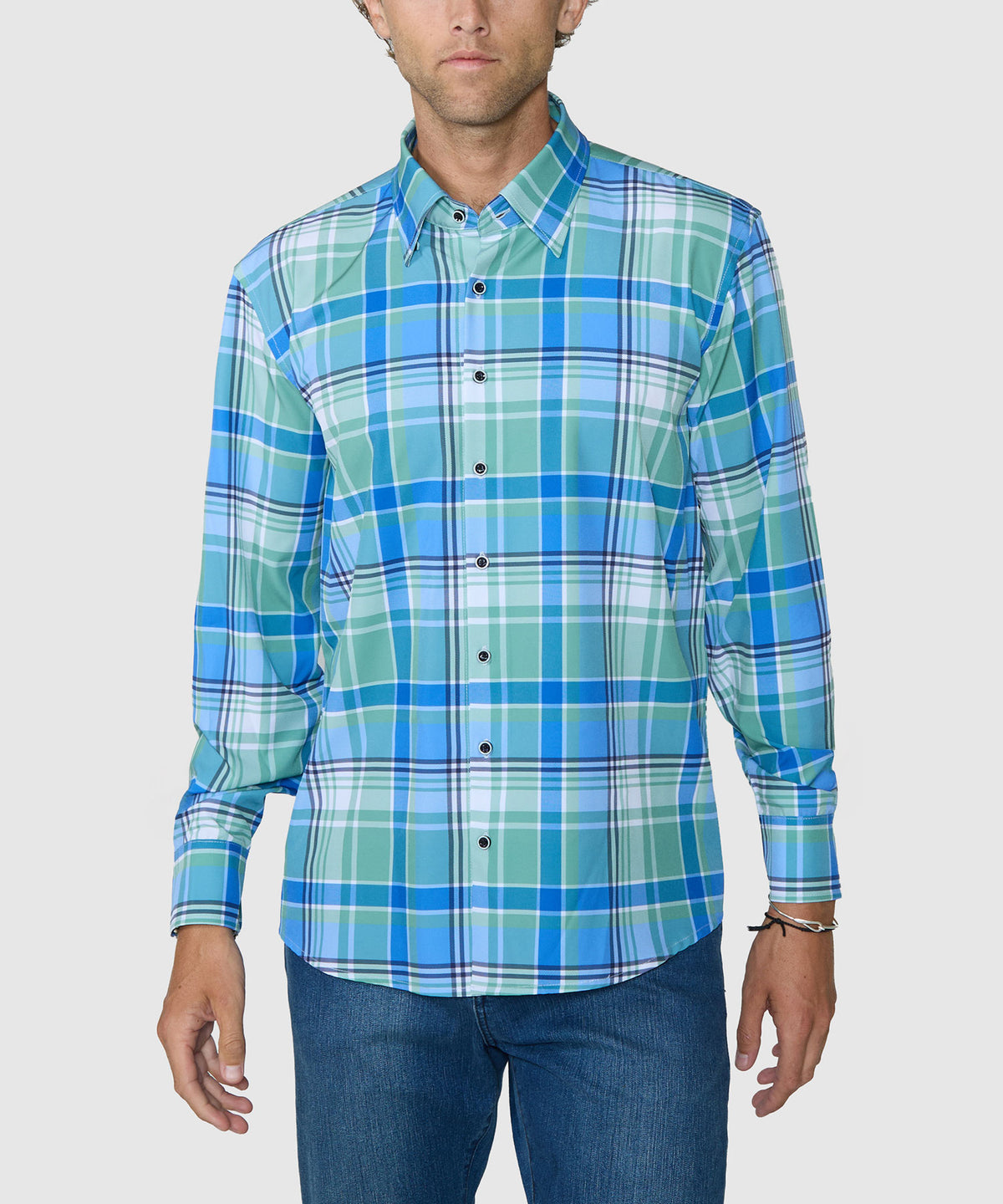 Westport No-Tuck Long Sleeve Button Under Spread Collar Stretch Performance Plaid Sport Shirt, Men's Big & Tall