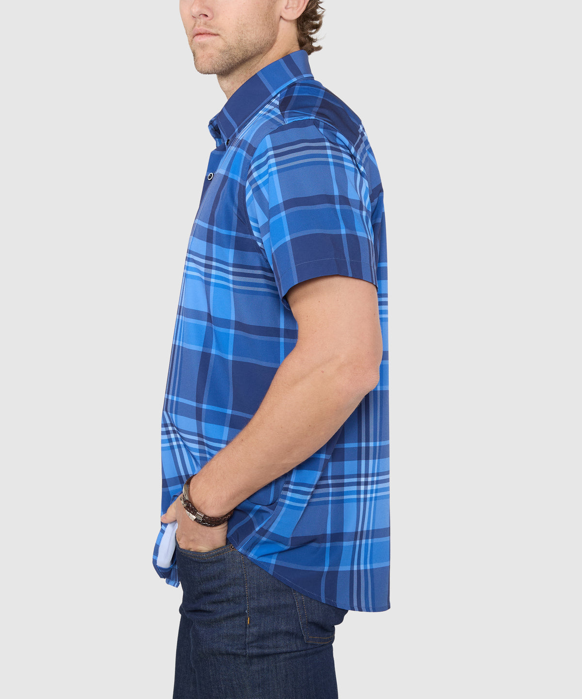 Westport No-Tuck Short Sleeve Button-Down Collar Stretch Performance Big Plaid Sport Shirt, Men's Big & Tall